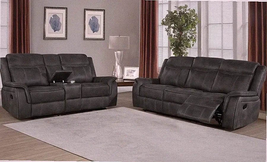 2 PC CHARCOAL GREY MICROFIBER RECLINING SOFA LOVESEAT LIVING ROOM FURNITURE SET
