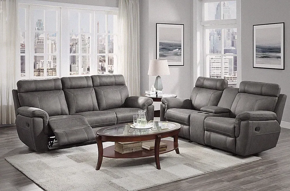 2 PC GRAY MICROFIBER RECLINING DROP DOWN TABLE SOFA GLIDING LOVESEAT CONSOLE SET