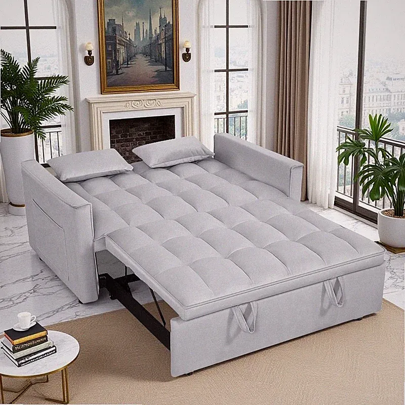 54” Velvet Sleeper Pull-Out Sofa Twin Bed Reclining Back Storage Pocket Gray