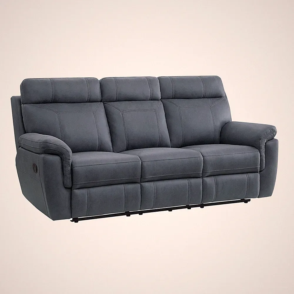 BLUE MICROFIBER RECLINING DROP DOWN TABLE SOFA COUCH LIVING ROOM FURNITURE