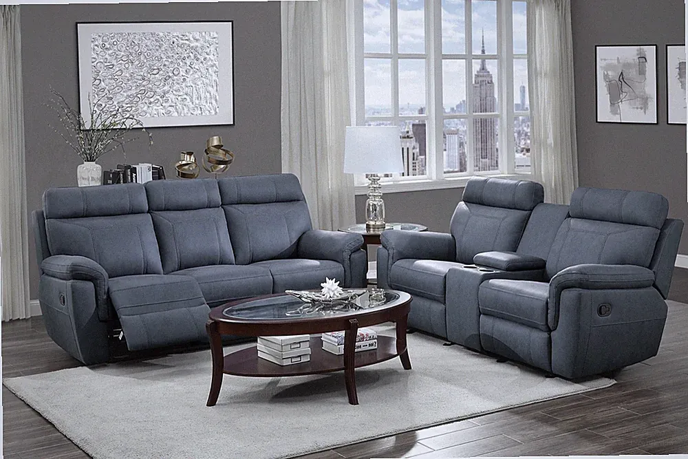 BLUE MICROFIBER RECLINING DROP DOWN TABLE SOFA GLIDING LOVESEAT CONSOLE SET