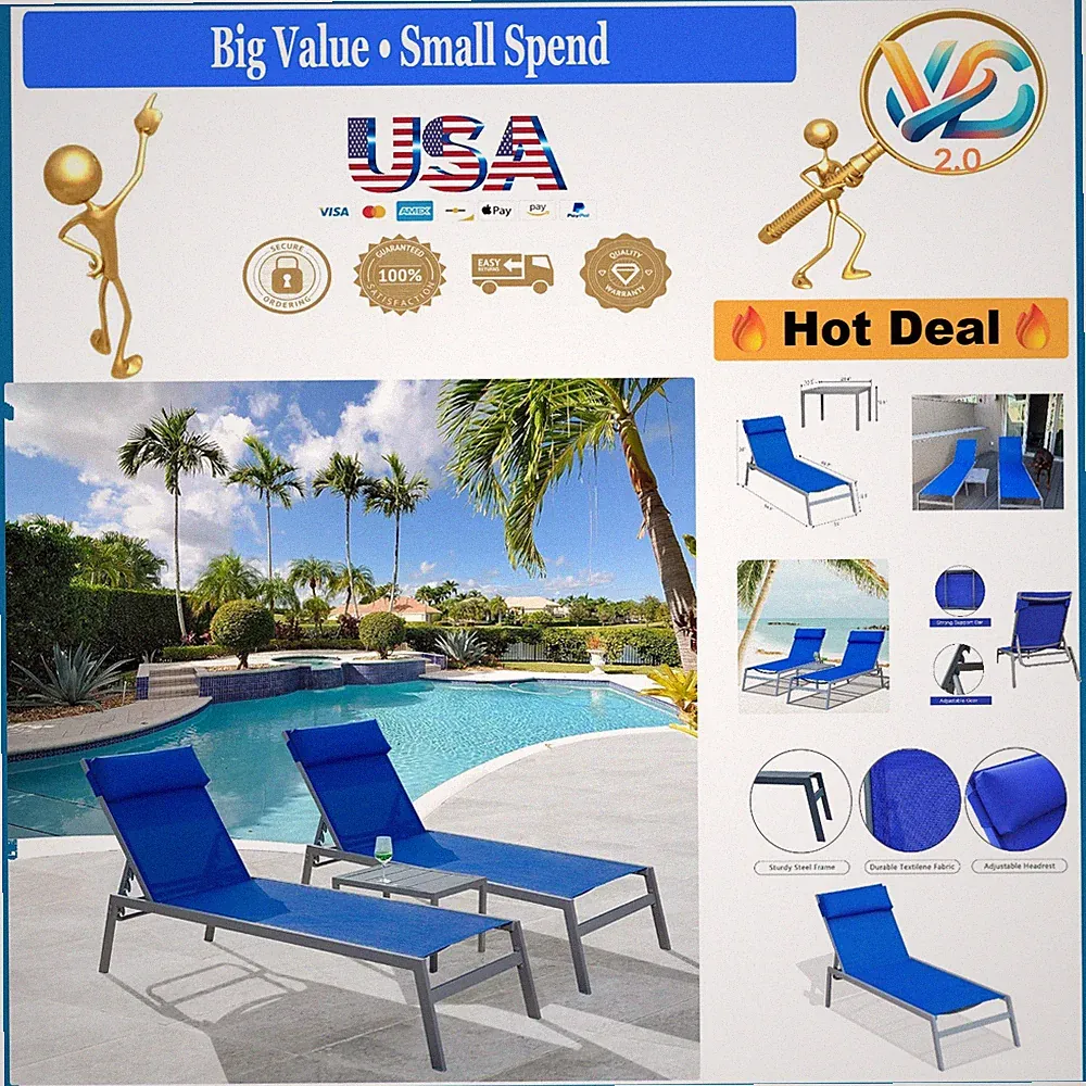 Domi Blue Patio Chaise Lounge Set with Adjustable Back & Side Table