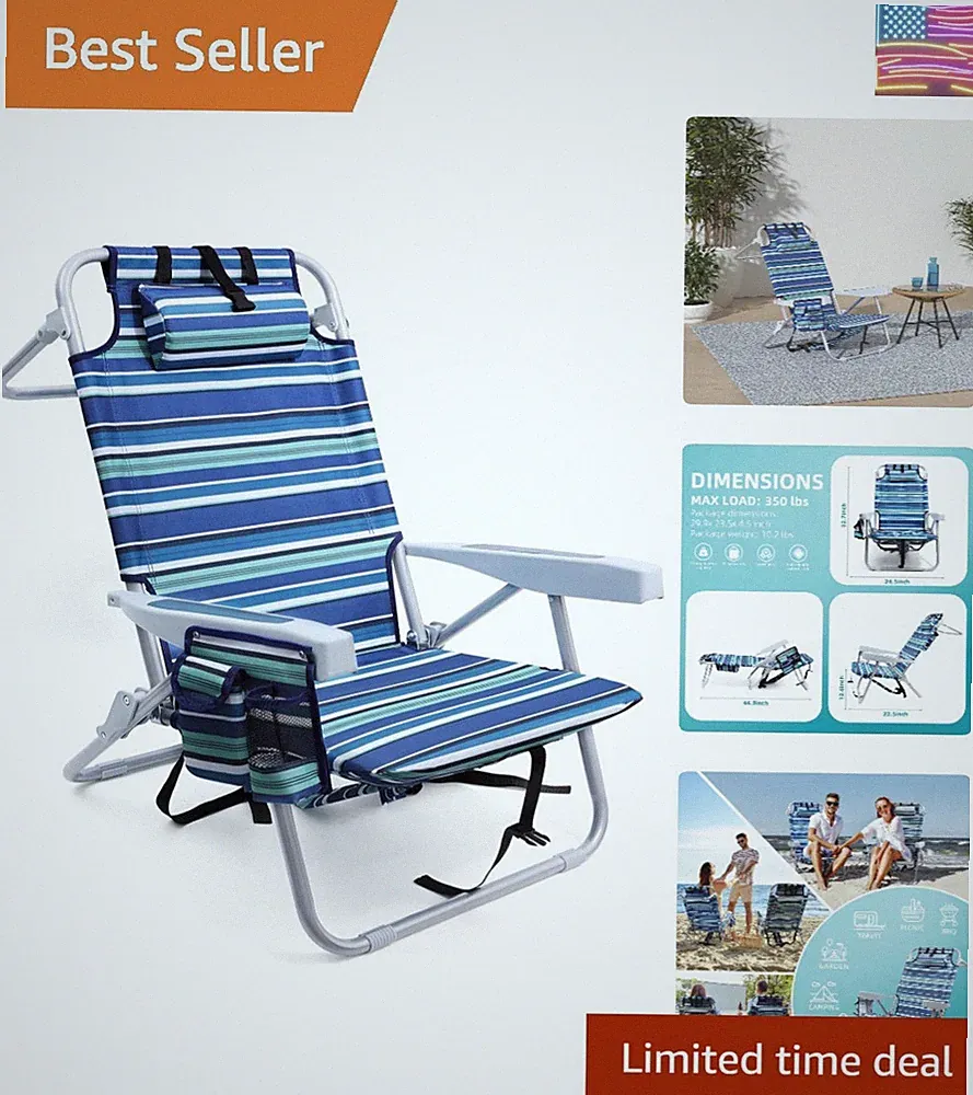 Heavy Duty Portable Beach Chair with Cooler Pouch & Adjustable Headrest, 350LBS