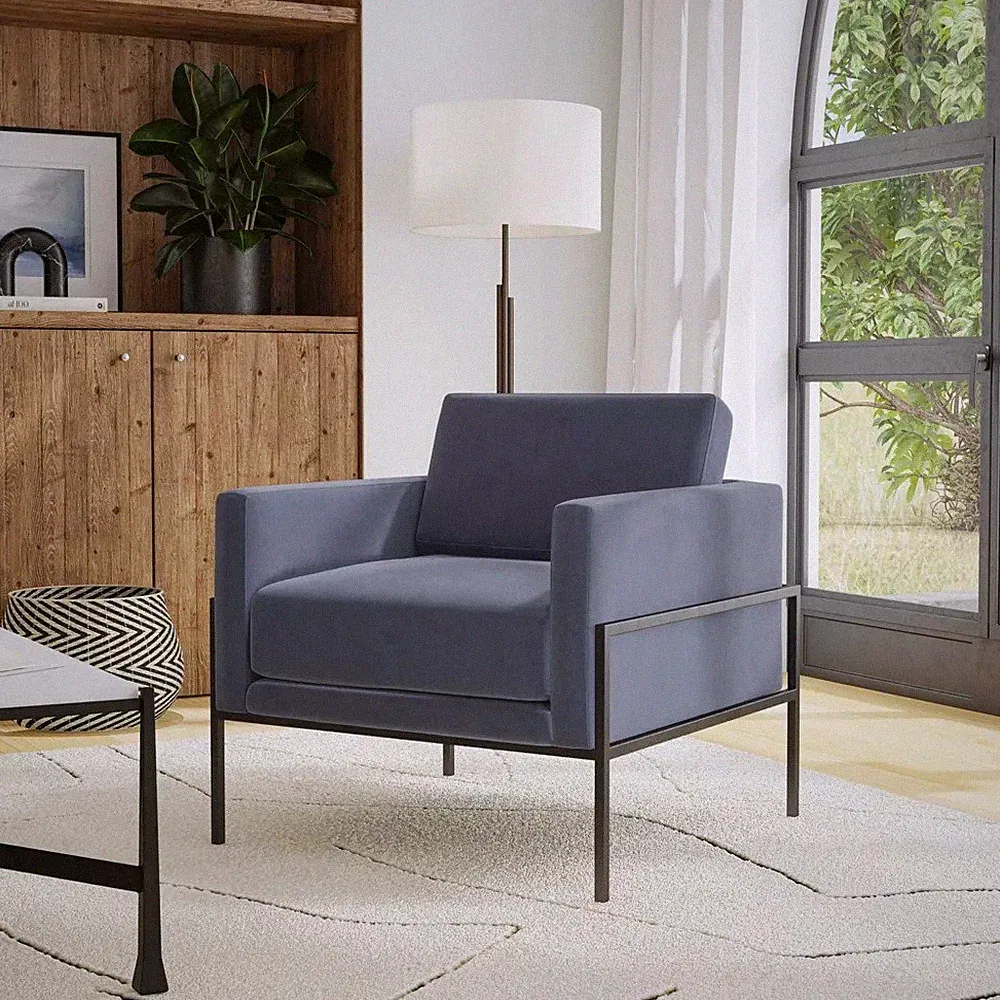 HomePop Metal Frame Accent Chair Blue Velvet Upholstered Armchair Hardwood & MDF