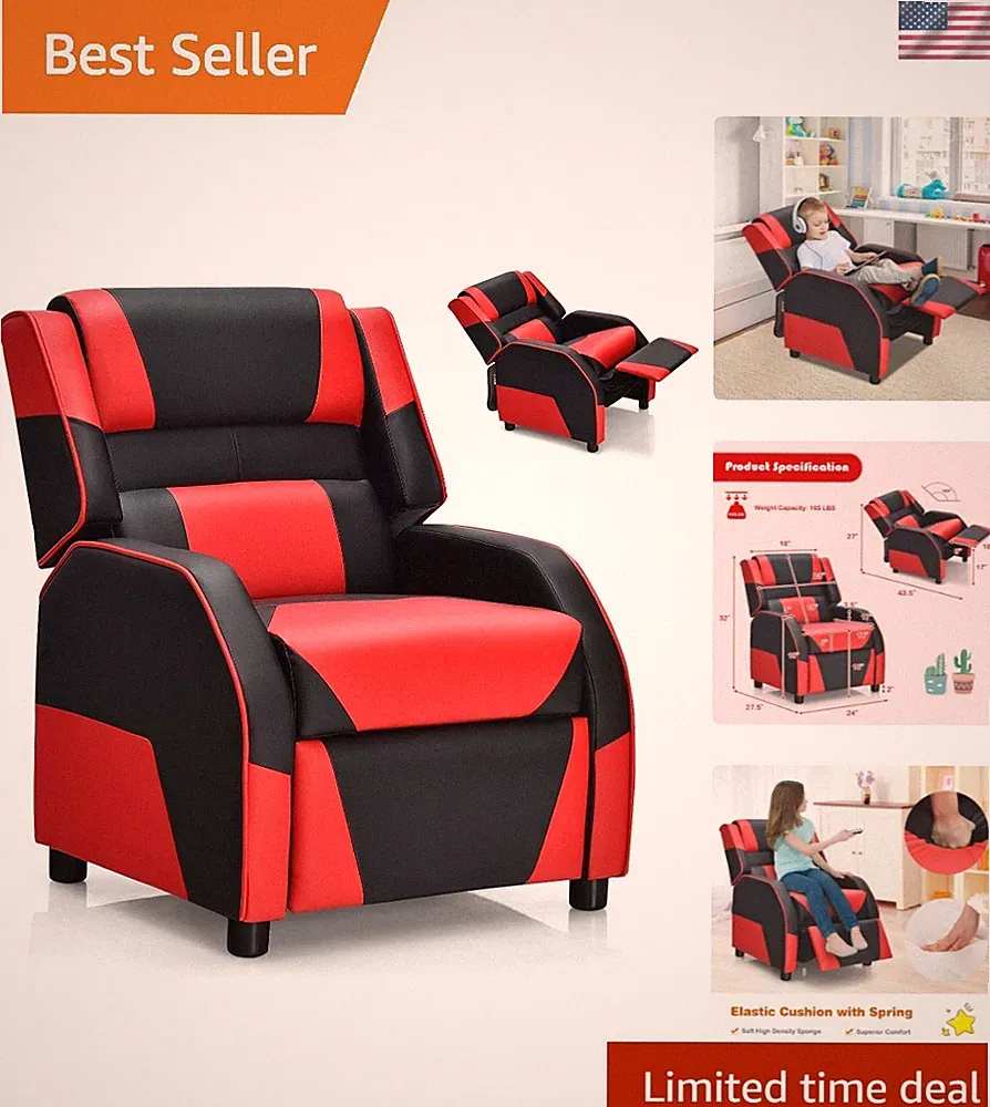 Kids Recliner, Gaming Recliner Chair w/Footrest, Headrest & Lumbar Support, E...