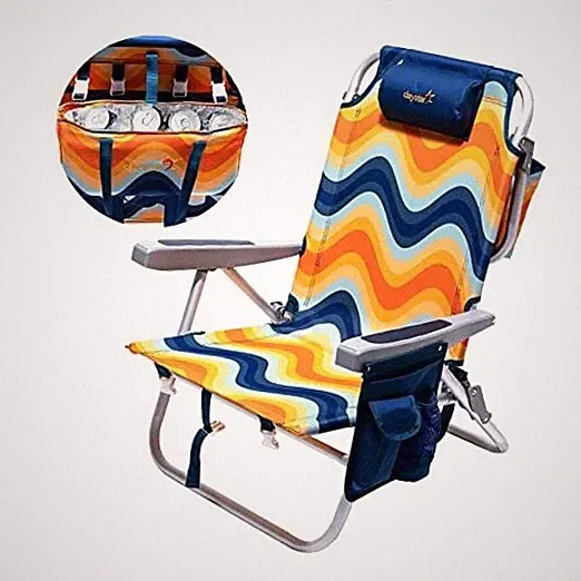 Low Beach Chair 5 Position Lay Flat, Portable Folding Backpack Orange Wave