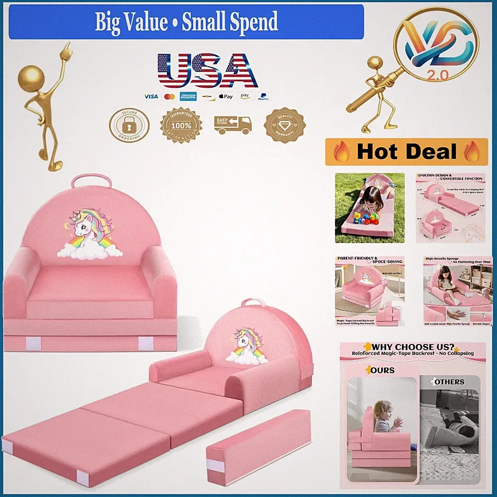 Pink Unicorn Kids Sofa Bed with Removable Washable Cover Foldable Play Couch