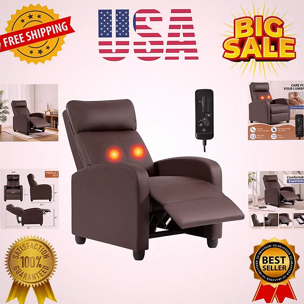 Recliner Chair | with 2 Point Massage Function | Leather Dark Brown | with Lu...